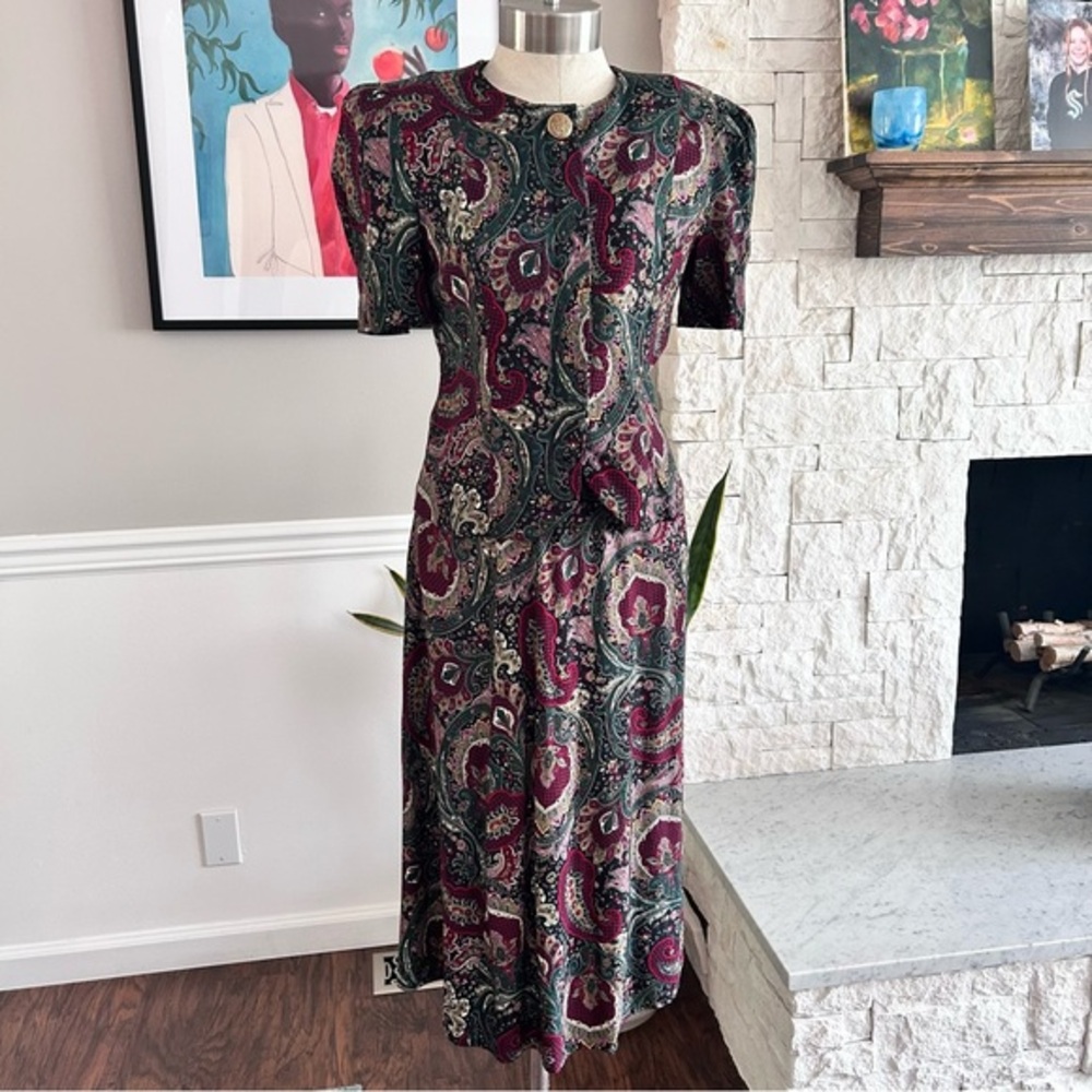 Vintage K.C. Spencer 2-Piece Set Paisley Burgundy 80s Office Wear Size Medium